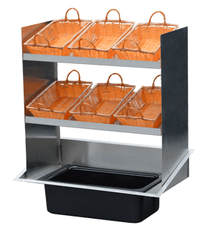 A metal shelf with orange baskets on top of it.