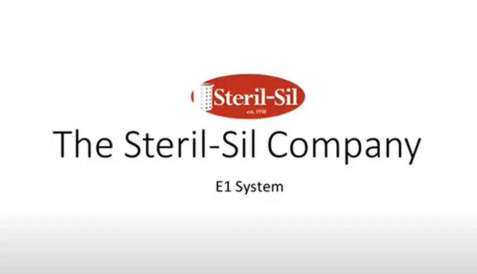 A red and white logo for the steril-sil company.