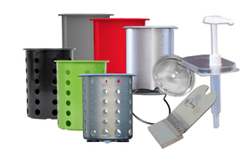 A group of different colored containers and some are holding electronics.