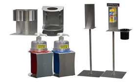 A set of different types of urinals and dispensers.