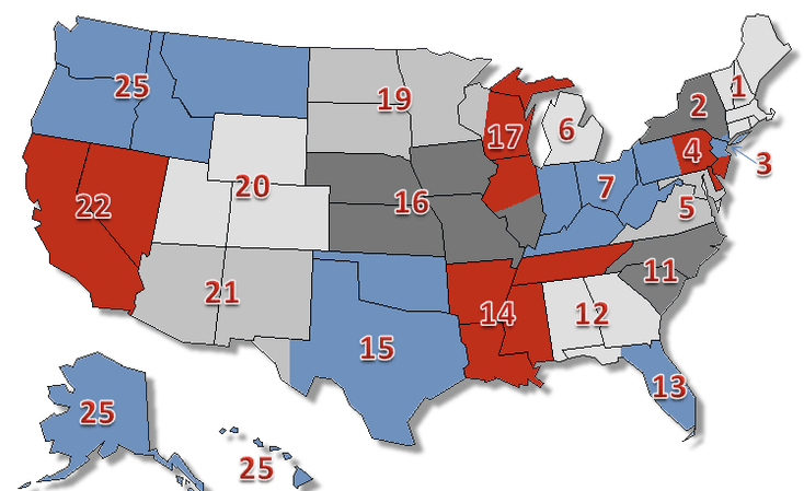 A map of the united states with numbers in each state.