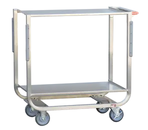 A metal cart with two levels and wheels.